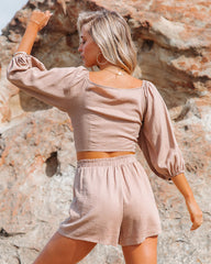 Johan Linen Blend Tie Front Crop Top - Mocha
