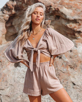 Johan Linen Blend Tie Front Crop Top - Mocha