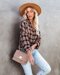 Journee Cotton Plaid Button Down Top - Brown