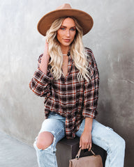 Journee Cotton Plaid Button Down Top - Brown