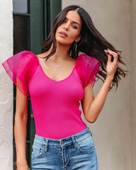 Julian Organza Sleeve Knit Top - Fuchsia