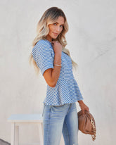 Kago Tweed Peplum Top - Blue