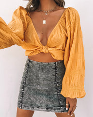 Kaitlynn Textured Tie Front Crop Top - Mustard