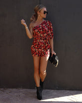 Kalila Floral One Shoulder Tie Romper - Red Multi