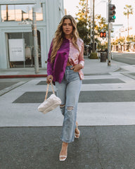 Kamia Satin Colorblock Button Down Blouse - Pink Purple