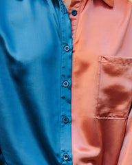 Kamia Satin Colorblock Button Down Blouse - Teal Copper