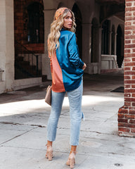 Kamia Satin Colorblock Button Down Blouse - Teal Copper