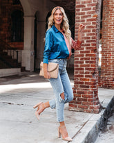 Kamia Satin Colorblock Button Down Blouse - Teal Copper