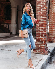 Kamia Satin Colorblock Button Down Blouse - Teal Copper