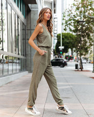 Kathleen Pocketed Drawstring Jumpsuit - Olive
