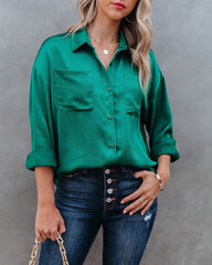 Kelsa Satin Button Down Pocket Blouse