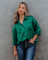 Kelsa Satin Button Down Pocket Blouse
