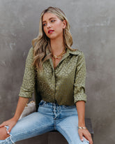 Kingdom Satin Embossed Button Down Blouse - Moss