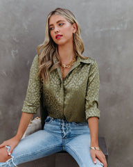 Kingdom Satin Embossed Button Down Blouse - Moss