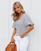 Kipton Cotton Blend Striped Puff Sleeve Top - Navy