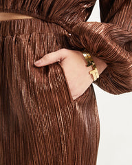 Kiyara Pocketed High Rise Shimmer Plisse Pants - Bronze