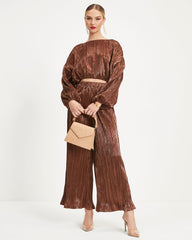 Kiyara Pocketed High Rise Shimmer Plisse Pants - Bronze