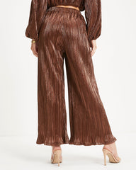 Kiyara Pocketed High Rise Shimmer Plisse Pants - Bronze