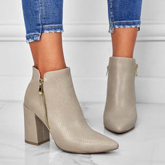 Chunky Heel Booties Pointed Toe Side Zip Ankle Boots