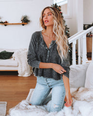 Layth Cotton Mineral Wash Crop Henley Top - Charcoal