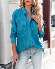 Leone Pocketed Faux Suede Button Down Top - Blue