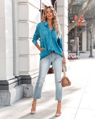 Leone Pocketed Faux Suede Button Down Top - Blue