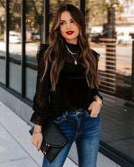 Liara Polka Dot Velvet Ruffle Blouse - Black