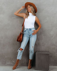 Lissa Sleeveless Mock Neck Ribbed Top - White