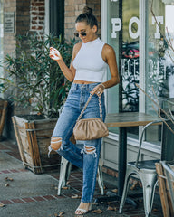 Louie Sleeveless Mock Neck Crop Top - White