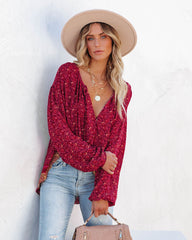 Luana Printed Peasant Top - Burgundy