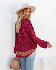 Luana Printed Peasant Top - Burgundy