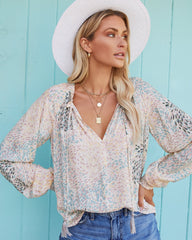 Maynard Printed Smocked Tassel Blouse - Cream