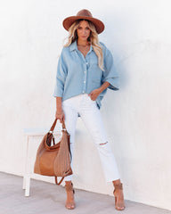 Mirielle Cotton Blend Chambray Button Down Top - Light Wash