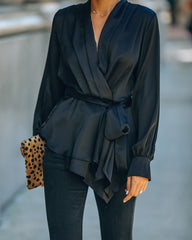 Motivation Satin Drape Wrap Blouse - Black