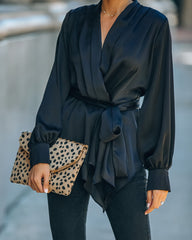 Motivation Satin Drape Wrap Blouse - Black