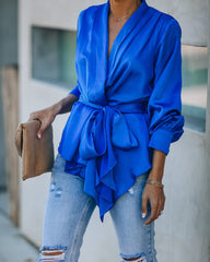 Motivation Satin Drape Wrap Blouse - Cobalt Blue