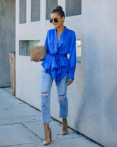 Motivation Satin Drape Wrap Blouse - Cobalt Blue