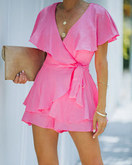 Movement Cotton Blend Ruffle Wrap Romper - Pink
