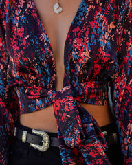Nashawn Printed Satin Tie Front Crop Blouse