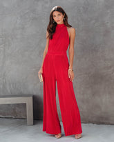 Naya Pocketed Plisse Jumpsuit - Red