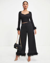 New Lover Feather Trim Pocketed Pants - Black