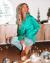 Nicolita Satin Button Down Blouse - Teal