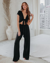 Nikki Ribbed Wrap Tie Jumpsuit - Black