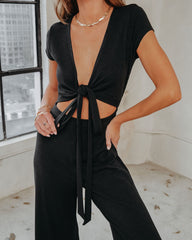 Nikki Ribbed Wrap Tie Jumpsuit - Black