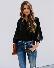 No Effort Puff Sleeve Button Down Blouse - Black