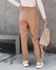 No Limitations Pocketed Faux Leather Jogger Pants - Camel