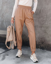 No Limitations Pocketed Faux Leather Jogger Pants - Camel