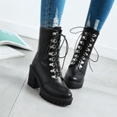 Black Chunky Platform Combat Booties Block Heel Ankle Boots