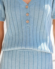Oceanside Short Sleeve Ribbed Knit Henley Top - Blue