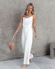 Olivia Pocketed Satin Wide Leg Pants - White